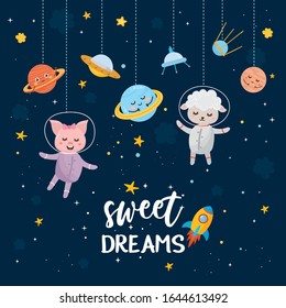 Reach the Stars greeting card. Kids illustration with hand lettering text and different elements of cosmos. Cute astronaut raccoon character, planets, stars.