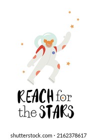 Alcance del afiche de las estrellas con astronauta de las niñas, letras de texto escritas a mano con ilustración vectorial de estilo plano