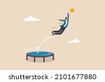 Reach success, improvement or career development, business tools advantage to reach goal or target, growth and achievement concept, businessman bounce on trampoline jump flying high to grab star.