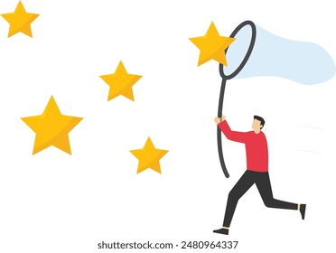 Reach success, improvement or career development, business tools advantage to reach goal or target, growth and achievement concept, businessman bounce on trampoline jump flying high to grab star.

