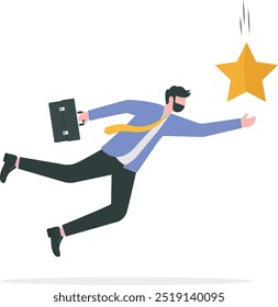 Reach success, improvement or career development, business tools advantage to reach goal or target, growth and achievement concept, businessman bounce on trampoline jump flying high to grab star.

