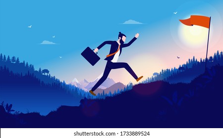 Reach success quick - man running up mountain to achieve his personal career goal. Business achievement, ambitions, winner and progress concept. Vector illustration.