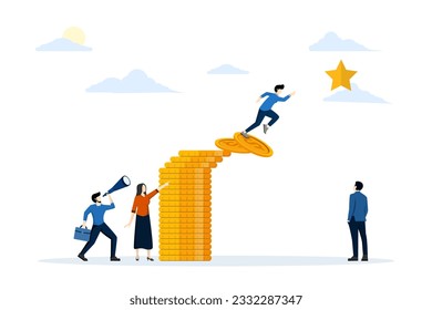 Reach target, goal and success concept. A businessman jumps from a pile of coins to reach the stars. Business challenges, motivations, opportunities, investment, development and growth.