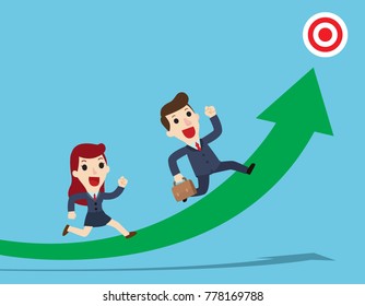 Reach the target. Happy Businessman and woman running on graph to the target.
Concept business.
Vector flat cartoon cute character design illustration 