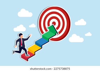 Reach target or progress to reach goal, career step to success, achievement or growth, challenge and motivation to succeed concept, businessman walking up stair with arrow as path to reach goal