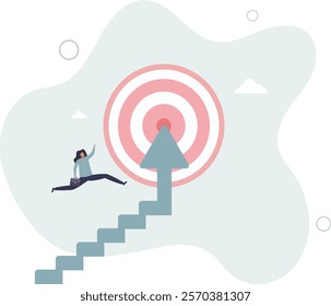 Reach target or progress to reach goal, career step to success, achievement or growth, challenge and motivation to succeed concept.flat characters.