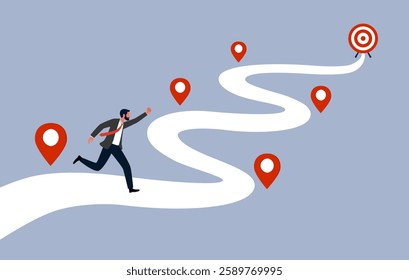 Reach target or progress to reach goal, career step to success, achievement or growth, challenge and motivation to succeed concept. Businessman walking along roadmap to reach goal.