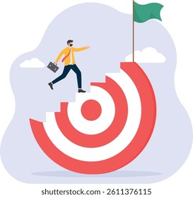 Reach target or progress to reach goal, career step to success, achievement or growth, challenge and motivation to succeed concept,

