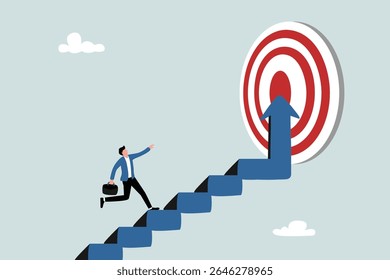 Reach target or progress to reach goal, career step to success, achievement or growth, challenge and motivation to succeed concept, businessman walking up stair with arrow as path to reach goal.