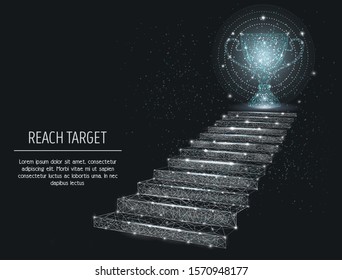 Reach target vector web banner template. Stairway to trophy cup, white low poly wireframe mesh on black background. Career growth, motivation, path to success concept polygonal art style illustration.