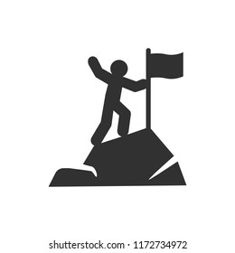 To reach the top. Man with a flag on top of a mountain. monochrome icon