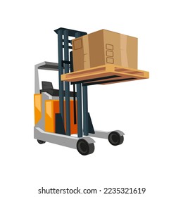 Reach truck forklift lifting boxes cartoon illustration. Industrial vehicle for work in warehouse isolated on white background. Logistic, distribution, shipment, storage, transportation concept.