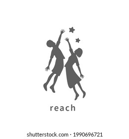 Reach Your Dreams Creative Symbol Concept. Success, Goal, Graduate Abstract Business Logo Idea. Happy Kid, Boy And Girl Silhouette And Stars Icon. 