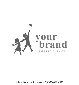 Reach Your Dreams Creative Symbol Concept. Success, Goal, Graduate Abstract Business Logo Idea. Happy Kid, Boy And Girl Silhouette And Stars Icon. 