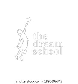 Reach your dreams creative symbol concept. Success, goal, graduate abstract business logo idea. Happy kid, boy and girl oneliine and stars icon. Imagine school, education logo.