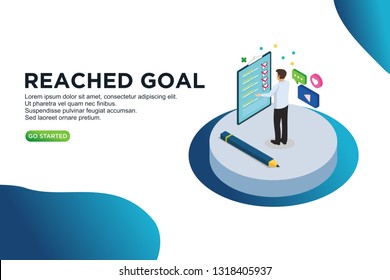 Reached goal isometric vector illustration concept. can use for, template, ui, landing page,  hero header, mobile app, banner, poster, flyer - Vector