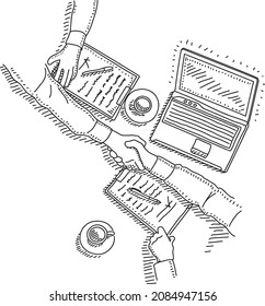 Reaching an agreement  - sketchy hand-drawn vector illustration. Shaking the hands. View from above.