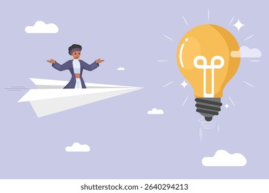 Reaching for a Bright Idea: A Businesswoman Flying on a Paper Airplane Towards a Glowing Lightbulb, Symbolizing the Pursuit of Innovation, Creative Journey, and Achieving Goals.