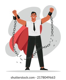 Reaching for career goals. Man in superhero cape breaks chains. Motivated investor, entrepreneur or businessman, leader. Hardworking and responsible character. Cartoon flat vector illustration