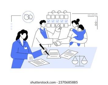 Llegar a la ilustración abstracta del vector de concepto del acuerdo de custodia. Los padres divorciados se ocupan de la custodia física conjunta de los niños, el sector gubernamental, la industria burocrática, la metáfora abstracta de aprobación judicial.