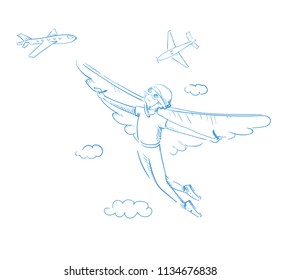 Reaching a dream. A boy with wings flying towards his dream. Outline illustration contour; vector