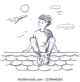 Reaching a dream. Dreaming boy on the roof. Outline illustration