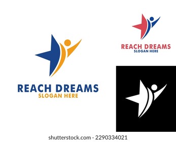 Logotipo Reaching Dream, Resumen de los sueños de alcance humano, éxito, meta creativa de la idea de logo.