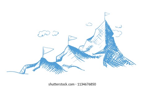 Reaching a dream. Move up and forward. Mountains and conquered peaks. Outline illustration