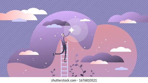 Reaching dreams vector illustration. Flat tiny ambition achievement persons concept. Creative abstract scene with human effort to tracing life goals. Ladder to sky as metaphoric visualization.