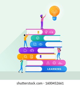 reaching education goal with teacher help dedication poster background concept design. graduated collect light bulb from stack of study books raised by lecture vector illustration