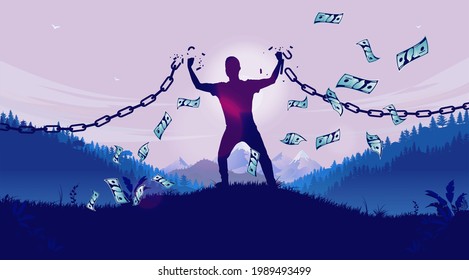 Reaching Financial Freedom - Male Person Breaking Chains And Achieving Money Freedom. Free And Independent Concept. Vector Illustration.