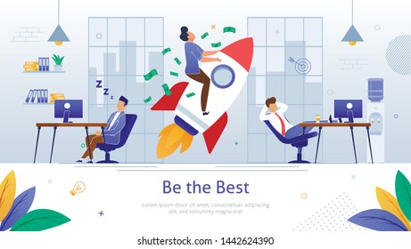 Reaching Financial Success in Business Flat Vector Banner. Businessman Taking Off on Rocketship, Reaching Leadership, Starting Profitable Startup While Lazy Competitors Dreaming in Office Illustration