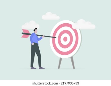 Reaching goal or achievement on your own and alone, aiming at target. Business man carry archery bow to hit target bullseye vector concept illustration