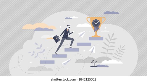 Reaching goal as business career steps climbing to target scene tiny person concept. Professional growth and development with clear vision, confidence, determination and motivation vector illustration