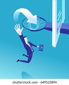 Reaching the Goal.The businessman achieves the object, sending an arrow symbol to a basketball basket. Vector