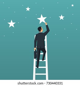 Reaching goal. Get star. Businessman climbed high up stairs. Human holds big star isolated in background night sky. Concept of reward, victory. Vector illustration flat design. Successful achievement
