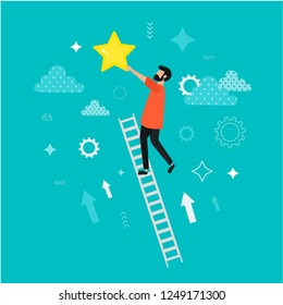 Reaching to goal. Man standing on stairs and reaching star on the sky. Aspirations. Solutions concept. Metaphor. Cute vector illustration.