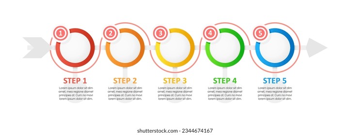 Reaching goals infographic chart design template. Abstract infochart with copy space. Instructional graphics with 5 step sequence. Visual data presentation. Calibri Bold, Questrial Regular fonts used