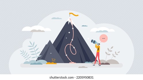 Reaching goals and successful top target achievement tiny person concept. Business challenge accomplishment with determination, ambitions and motivation vector illustration. Aim high and get to peak.