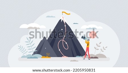 Reaching goals and successful top target achievement tiny person concept. Business challenge accomplishment with determination, ambitions and motivation vector illustration. Aim high and get to peak.