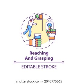 Reaching And Grasping Concept Icon. Upper-limb Prostheses Task Idea Thin Line Illustration. Sensory-motor System. Upper Extremities Function. Vector Isolated Outline RGB Color Drawing. Editable Stroke