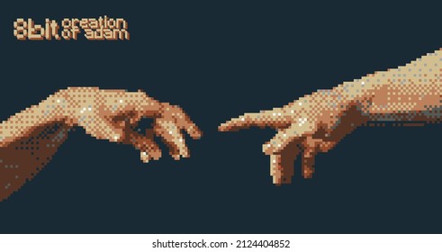 Reaching hands 8 bit color style design concept vector illustration isolated on black background.