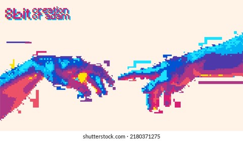 Reaching hands 8 bit color style design concept vector illustration isolated on background in vaporwave color palette.