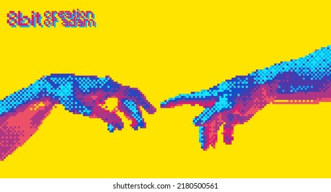 Llegar a las manos 8 bits de diseño de estilo de color ilustración vectorial aislado en el fondo de la paleta de color de onda vaporosa.