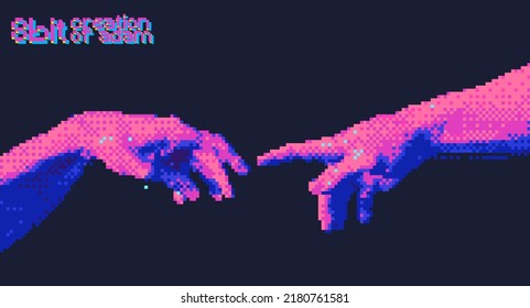 Reaching hands 8 bit color style design concept vector illustration isolated on background in vaporwave color palette.