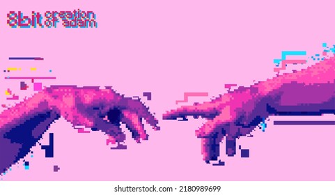 Reaching hands 8 bit color style design concept vector illustration isolated on background in vaporwave color palette.