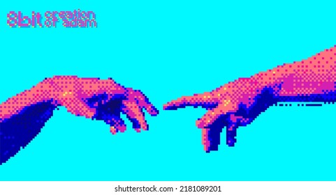 Reaching hands 8 bit color style design concept vector illustration isolated on background in vaporwave color palette.