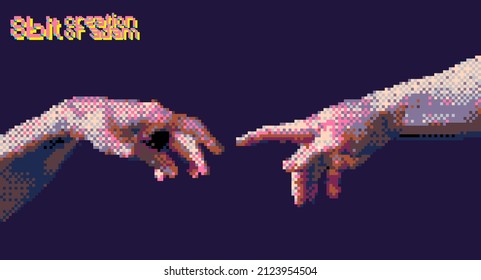 Reaching hands 8 bit style design concept vector illustration isolated on black background.