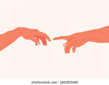 Reaching hands from The Creation of Adam of Michelangelo illustration reproduction isolated on white background. God and Adams hands. Touch of god. Spirituality Vector illustration on white background