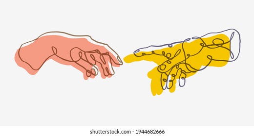 Reaching hands from The Creation of Adam of Michelangelo illustration reproduction. Vector illustration